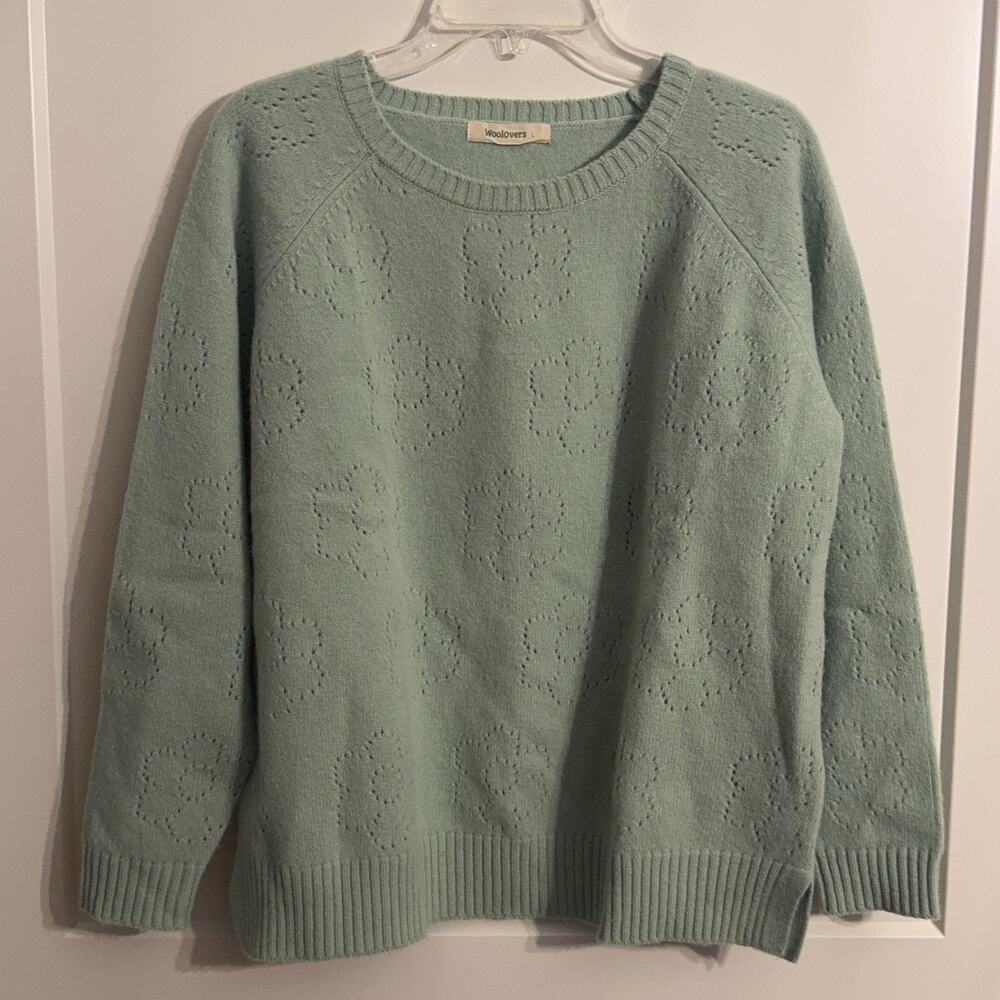 Woolovers Sweater Sz L Green Lambswool Eyelet Floral Crewneck Knit Pullover Warm